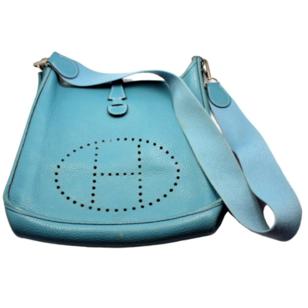 Authentic! Hermes Evelyne Blue Jean Clemence Leather PM Handbag Purse